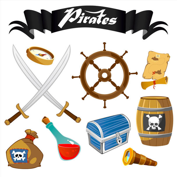 Pirate accessories flat icons with wooden treasure chest with treasures sabers steering wheel rum barrel of gunpowder vector illustration - Vector, Image