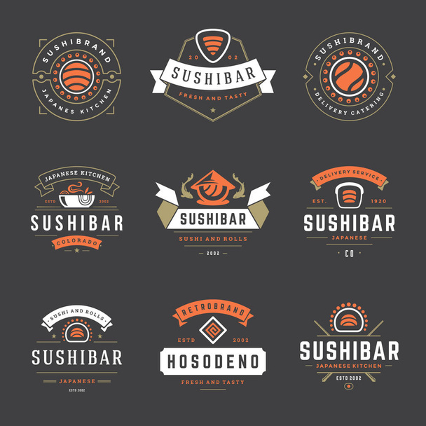 Sushi restaurant logos set vector illustration. Japanese food, sushi and rolls silhouettes. Vintage typography badges design. - Διάνυσμα, εικόνα