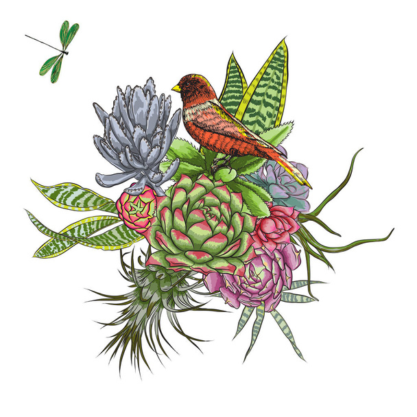 Floral bouquet design, garden pink red rose flower, branch green fern, exotic palm leaves, succulent, cactus. Watercolor imitation. Flowers made of real plants, completely unique. Vector. - ベクター画像