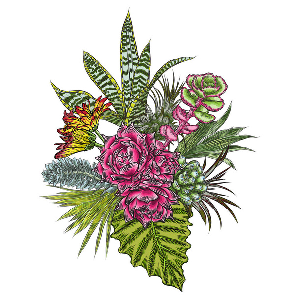 Flowers bouquet. Floral collection with various exotic jungle plants. Air plant, cactus, succulent, Bromelia, aloe vera, Houseplant, roses. For wedding and women day cards design purpose. Vector. - Vektör, Görsel