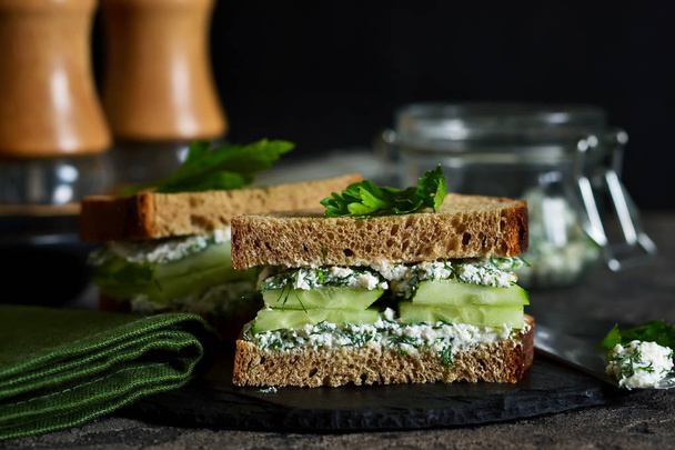 Vegan sandwich with cheese, cucumber and spices on a dark background. - Foto, afbeelding
