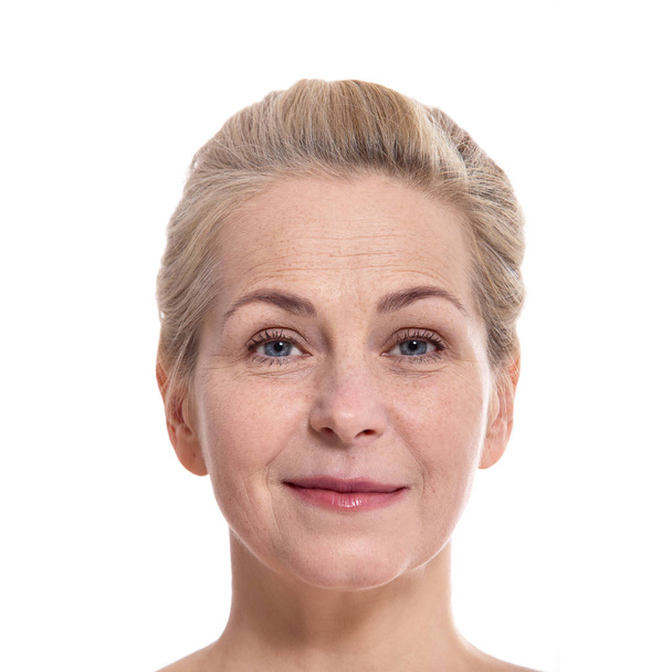 Beautiful smiling middle aged woman fase close up isolated - Photo, Image