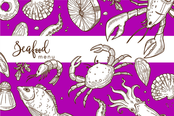 Seafood menu with bright purple cover with endless texture. - Vektor, Bild