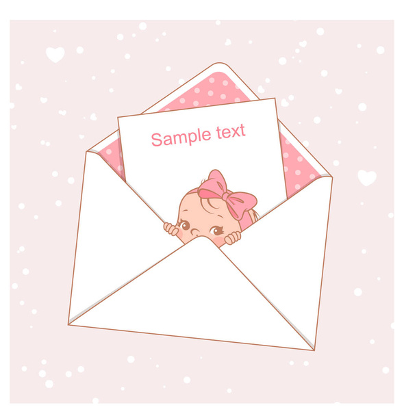 Baby shower card.  Cute little baby girl  in envelope. Design template. Vector illustration. - Wektor, obraz
