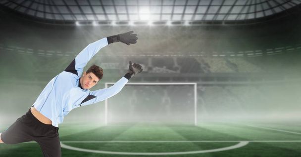 Digital composite of Soccer goalkeeper jumping with goal - Φωτογραφία, εικόνα