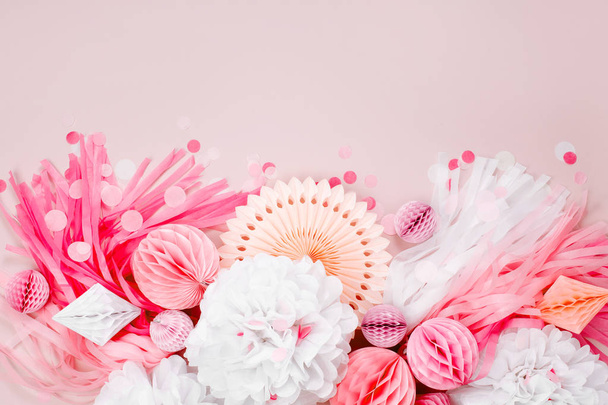 Pink and white Paper Decorations for Baby  party. Flat lay, top view - Fotografie, Obrázek