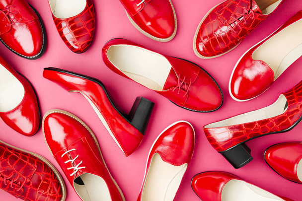 Stylish female spring or autumn shoes in red colors. Beauty and fashion concept. Flat lay, top view - Foto, Imagen