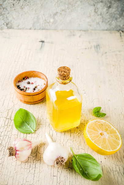 Fresh herbs and spices and lemon for cooking. above copy space, preparation food background - Photo, Image