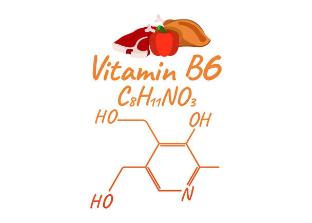 B6-vitamiini elintarvikkeiden etiketillä ja kuvakkeella. Kemiallinen kaava ja rakenne Logo. Vektorikuvaus
. - Vektori, kuva