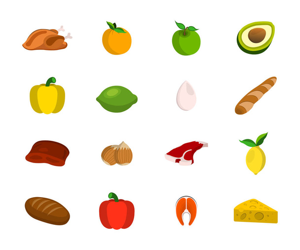 Conjunto de Carne, Frutas, Nueces y Verduras. Icono de la comida. Ilustración de vectores de dibujos animados
. - Vector, imagen