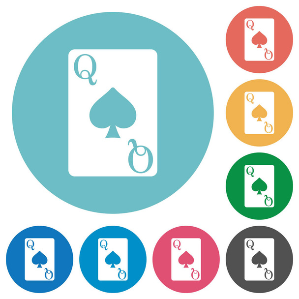 Queen of spades card flat white icons on round color backgrounds - Vector, Image