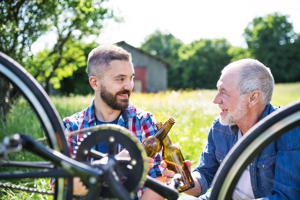 An adult hipster son and senior father repairing bicycle outside on a sunny day. - Foto, Imagem