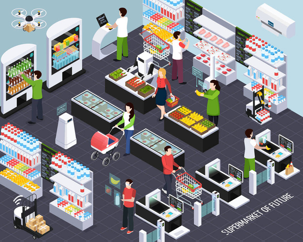 Supermarket Tulevaisuuden teknologia Isometrinen
 - Vektori, kuva