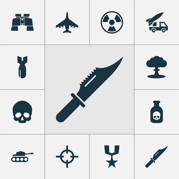 Schlachtenikonen mit Gift, Bombe, Artillerie und anderen Atomelementen. Ikonen der Illustration. - Foto, Bild