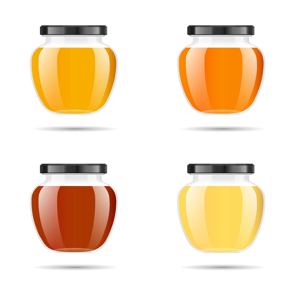 Realistic transparent glass jar with honey. Food bank. Honey packaging design. Honey logo. Mock up glass jar with design label or badges. Premium food product. Vector illustrations. - Vector, Image