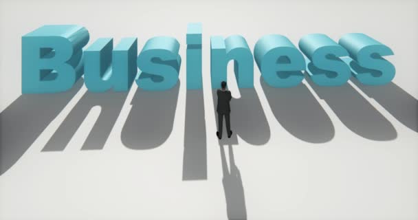 4 k επιχειρηματίας που στέκεται στο μέτωπο της 3d σήμα επιχειρήσεων. - Πλάνα, βίντεο