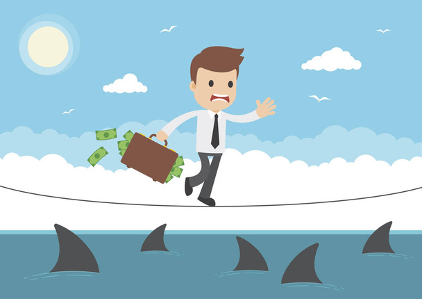 A businessman with briefcase full of money walking over sharks on a tightrope - Vector, Image