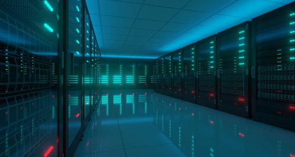 Великий темно-високотехнологічний серверний центр даних з концепцією штучного інтелекту відбиваючої підлоги. 3D рендерингу ілюстрації
 - Фото, зображення