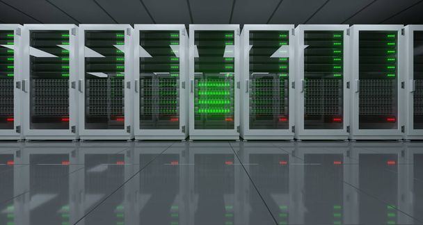 Nagy High Tech Server Data Center fényvisszaverő padló és egy csomó szerverek mesterséges intelligencia fogalmát. 3D rendering illusztráció - Fotó, kép