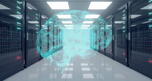 Grote High Tech Server Datacenter met reflecterende vloer en Plexus hersenen in het midden. 3D rendering illustratie - Foto, afbeelding