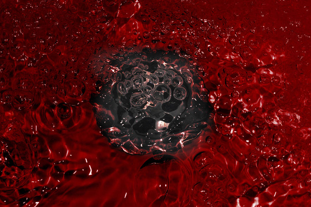 lavatório com uma pia no centro da foto com água vermelha de sangue corrente
 - Foto, Imagem