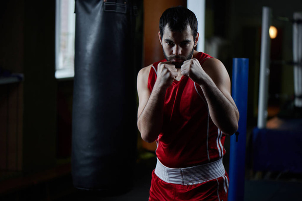 Portrait of aggressive fighter in boxing pose in gym - Foto, Imagem
