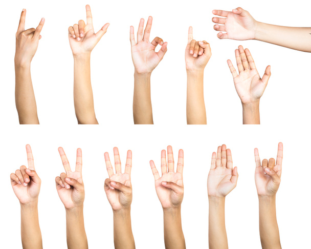 Trajeto de recorte de gesto de mão feminina múltipla isolado em fundo branco. Isolamento da contagem de mãos número gestual ou símbolo no fundo branco
. - Foto, Imagem
