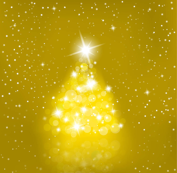 Lighted up Christmas tree with many lensflares on red background and Merry Christmas text. - Vector, Image