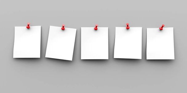 Pięciu arkuszy biała kartka papieru z czerwonych szpilek na szarym tle, renderowanie trójwymiarowych, ilustracja 3d - Zdjęcie, obraz