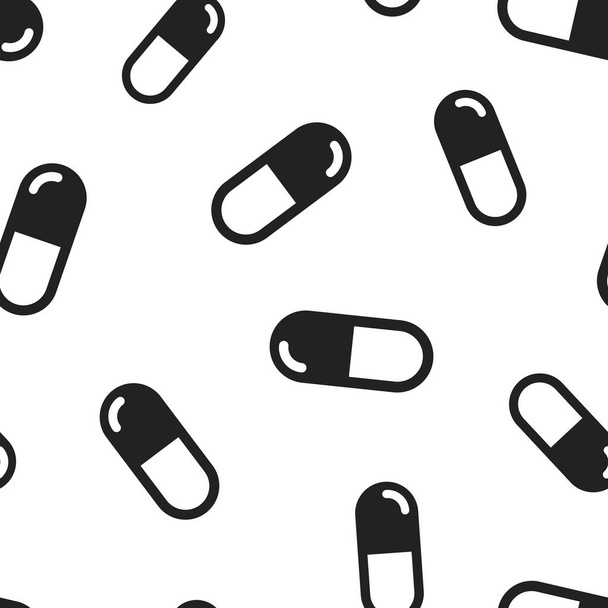 カプセル薬錠アイコンのシームレスなパターン背景。ビジネス概念ベクトル イラスト。カプセルと薬物のシンボル パターン. - ベクター画像