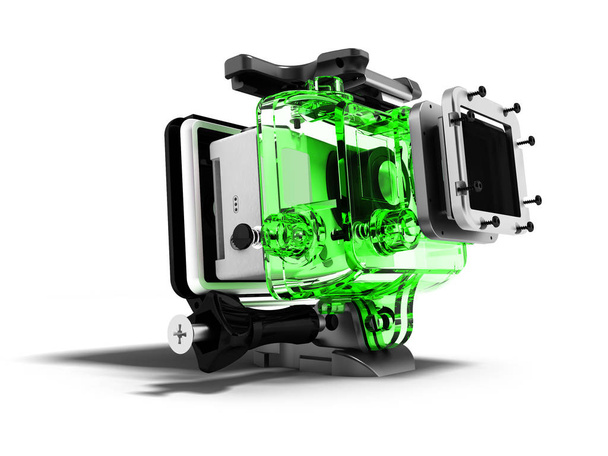 moderne grüne Kamera für extreme Entspannung demontiert 3D-Rendering auf weißem Hintergrund mit Schatten - Foto, Bild