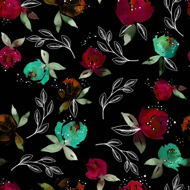 Watercolor flowers. Seamless watercolor floral pattern. For textiles, wrapping paper, cover, fabric, wallpaper. On black background with white graphical leaves. - Φωτογραφία, εικόνα