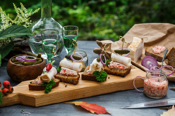 Ekmek soğan halkaları, at turp ve biber ile domuz yağı - Fotoğraf, Görsel