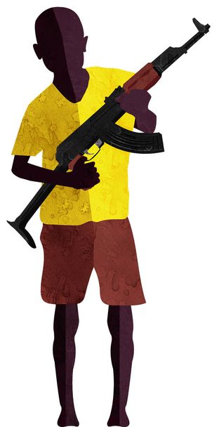 Lapsisotilas rynnäkkökivääri kädessään
 - Valokuva, kuva
