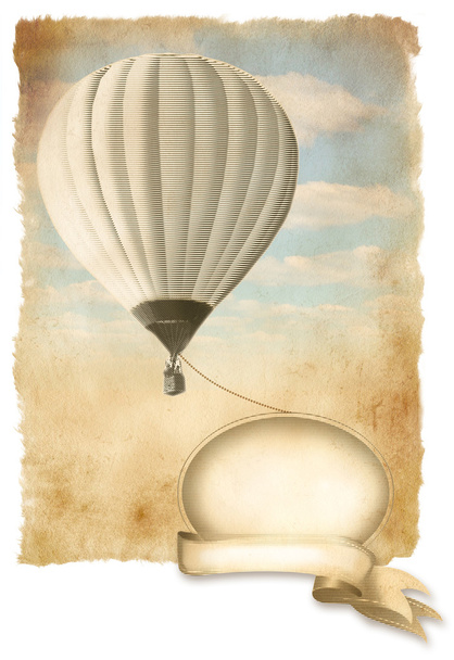 Ретро гаряча повітряна куля на небі з банером, фонова стара паперова текстура
. - Фото, зображення