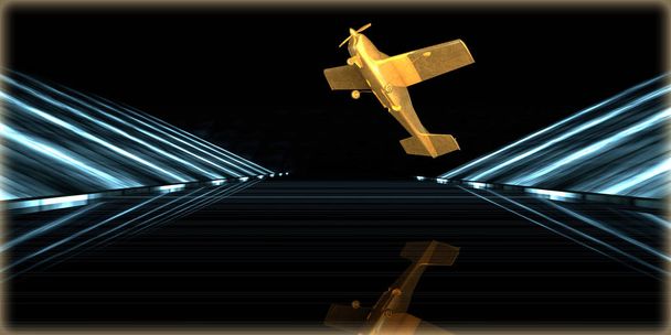 representación 3d de un objeto dorado dentro de un camino futurista con un fondo oscuro
 - Foto, imagen
