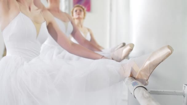 Mooie jonge ballerina's op pointe oefeningen aan de balie van het ballet in een studio - Video