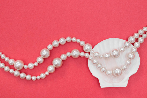 真珠のネックレスと鮮やかなピンクの背景の貝殻。ファッションの概念. - 写真・画像