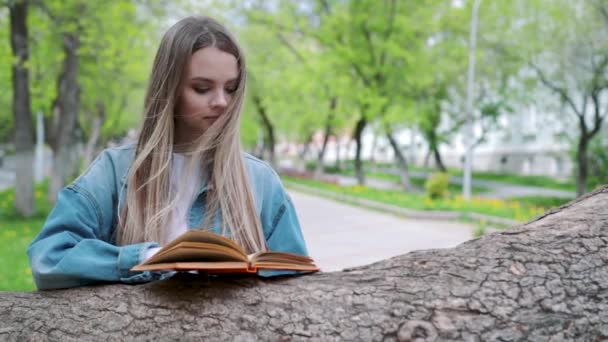 Beautiful serious girl in jeans jacket and glasses reads book, against summer green park - Filmati, video