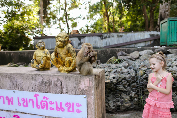 Μικρό όμορφο κορίτσι στέκεται κοντά μαϊμού χρυσά αγαλματίδια και μακάκος ουσ.Αρ στο ζωολογικό κήπο της Ταϊλάνδης. - Φωτογραφία, εικόνα