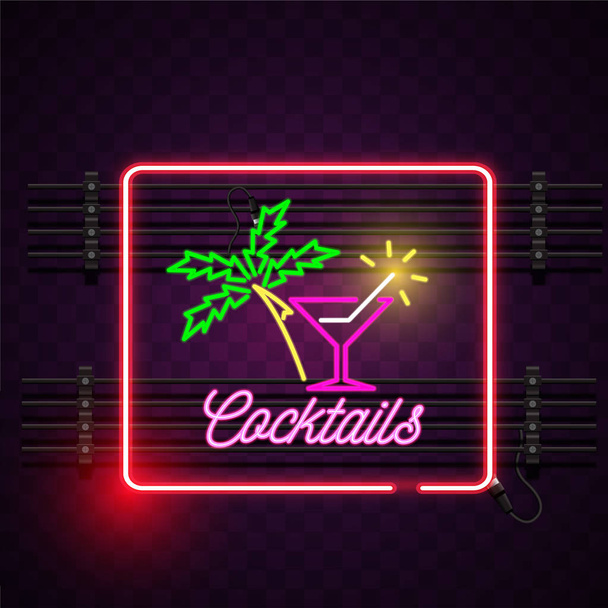 Cocktails Square Frame Neon Sign Purple Background Vector Image - Vector, Image
