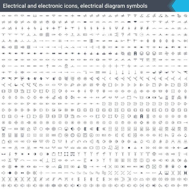Elektromos és elektronikus ikonok, elektromos diagram szimbólumok. Áramkör a diagram elemeinek. Stoke vektoros ikonok elszigetelt fehér background. - Vektor, kép