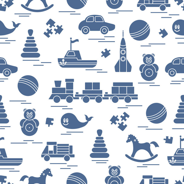 Seamless pattern with kids toys. Train, cars, balls, rocking horse, roly-poly, whale, puzzles, pyramid, boat. - Vektör, Görsel