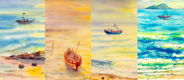 Four seasons collage, several images. Watercolor painting sea of beautiful natural seascapes at different time of the year - winter spring, summer, autumn, planet earth life cycle concept. Hand drawn  - Photo, Image