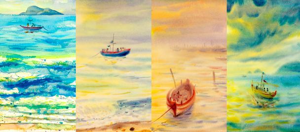 Čtyři roční období koláž, několik obrázků. Malba akvarel moře krásných přírodních scenérií v jiném ročním období - zima jaro, léto, podzim, koncept životního cyklu planeta Země. Ručně kreslenou  - Fotografie, Obrázek