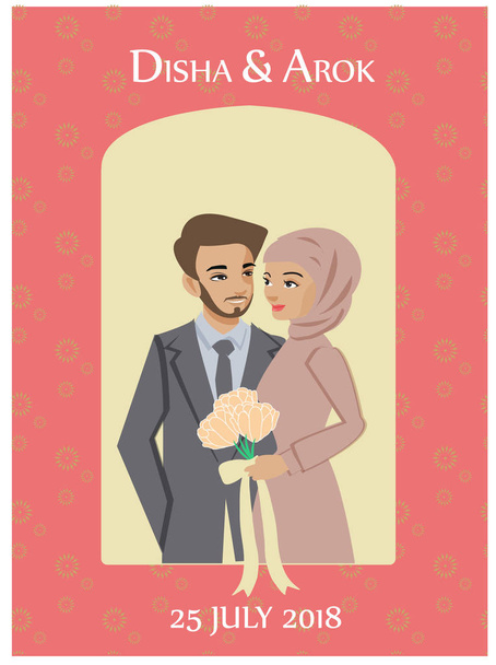 Ινδικό ζευγάρι με παραδοσιακή ενδυμασία γάμου προσκλητήρια κάρτα, επίπεδη διάνυσμα απομονωμένη με ροζ φόντο. - Διάνυσμα, εικόνα