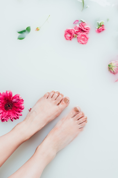 partial view of female feet and beautiful colorful flowers in milk - 写真・画像