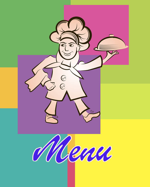 Ilustración vectorial de un menú de cocina de un restaurante o bar. El cocinero lleva una comida caliente, logotipo
. - Vector, imagen