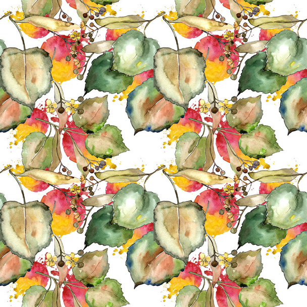 Linden leaves in a watercolor style. Seamless background pattern. Fabric wallpaper print texture. Aquarelle leaf for background, texture, wrapper pattern, frame or border. - Foto, Imagem
