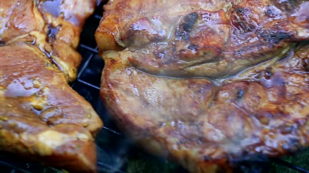 смаження свіжого м'яса на барбекю крупним планом
 - Кадри, відео